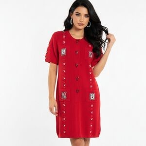 Steve Fabrikant Vintage Red Knit Knee Dress Enameled Heart Buttons M Vtg 14